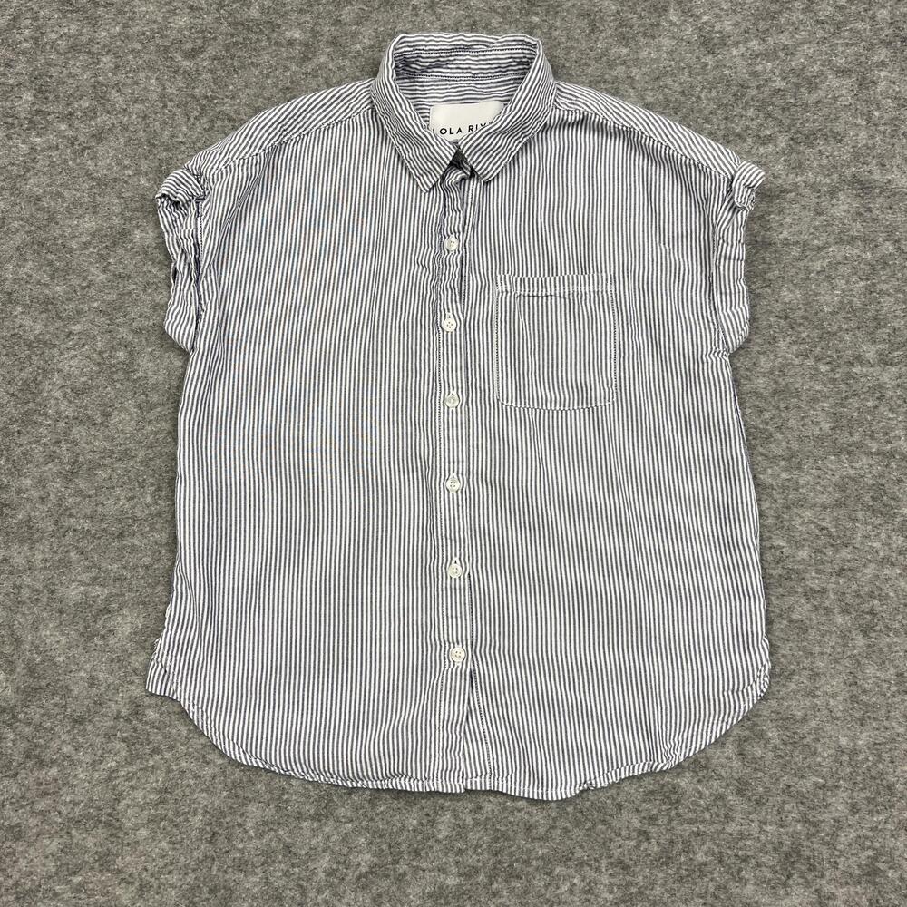 LOLA RIVER Shirt Womens XS Blue Striped Button Lyocell Pocket Casual Cap Sleeve